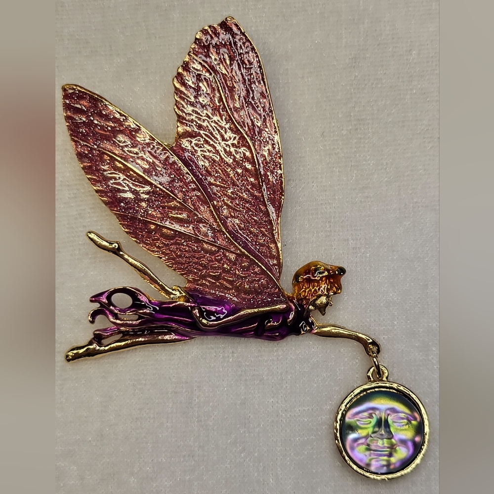 New Fairy Maiden Brooch Pendant Pin Purple Sparkly Wings Holding Man in Moon